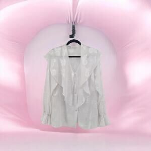VTG Ruffled Neckline Poets Blouse 6 White Sheer Fairy Romance Y2K Bell Sleeve